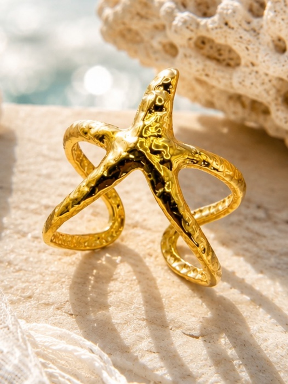 18K Gold Plated Hammered Starfish Adjustable Open Ring Coastal Beach Luxe NEW